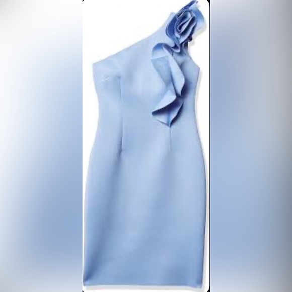 Sleeveless scuba sheath dress with ruffle detail at the shoulder by Eliza J. - Picture 2 of 6